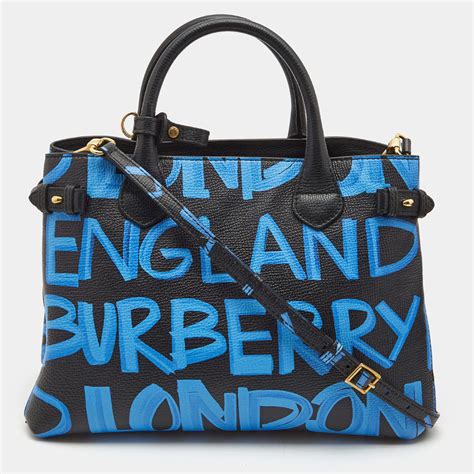 burberry medium banner graffiti|Burberry Black/Blue Leather Medium Graffiti Banner Tote .